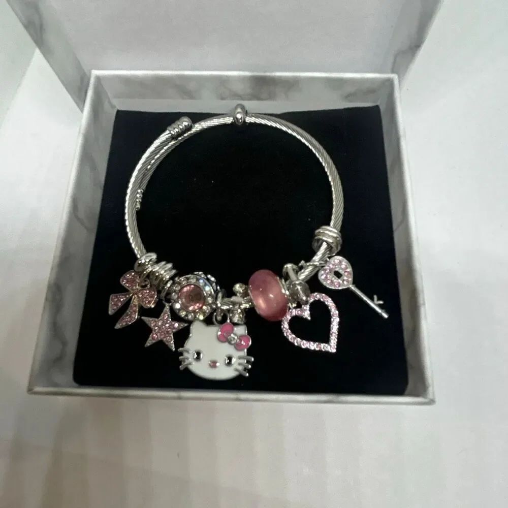Hello Kitty Pink Charm Bracelet Silver Tone Rhinestone Bangle w/ Box NEW